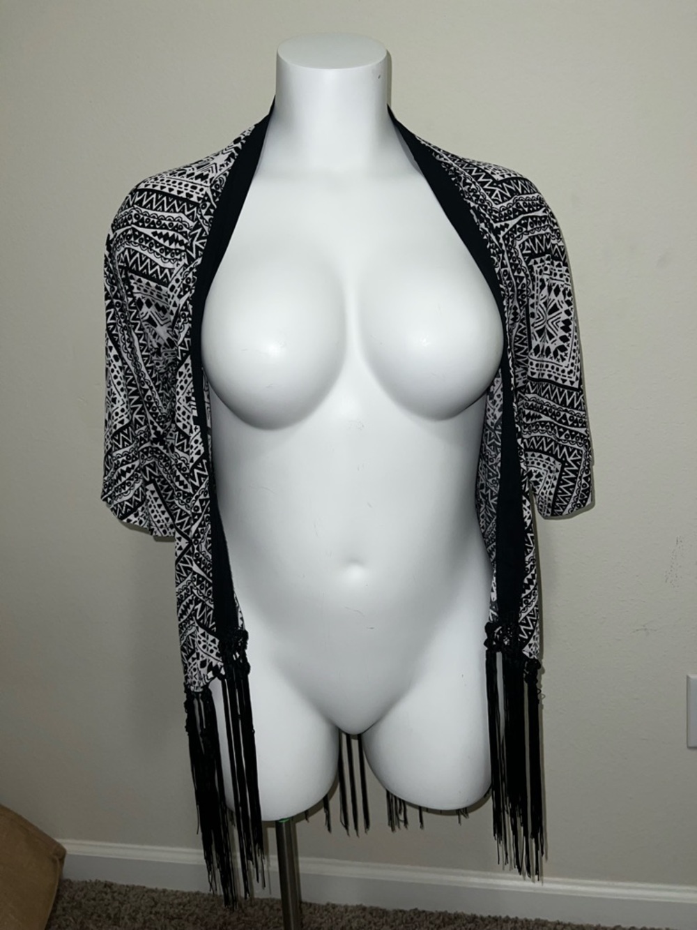 Black & White Aztec Fringe Open-Front Kimono
